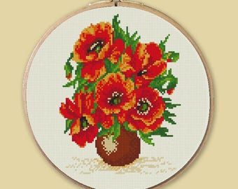 Poppies cross stitch pattern BOGO free, floral wall art, red poppies PDF pattern