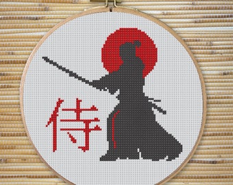 Samurai cross stitch BOGO free pattern, Japanese cross stitch, rising sun PDF pattern