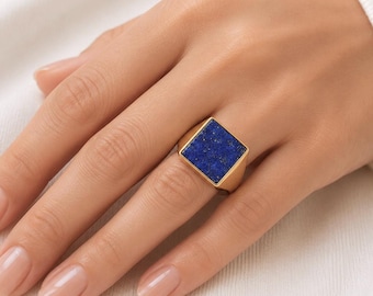 Blauwe lapis lazuli-ring, zegelring, 925 sterlingzilveren ring, 22K gold filled ring, handgemaakte zilveren ring