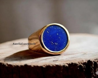 Blauwe lapis lazuli-ring, zegelring, 925 sterlingzilveren ring, 22K gold filled ring, handgemaakte zilveren ring