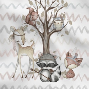 Pannello in cotone 75 x 100 cm Boho Forest Friends Volpe Gufo Procione Cervo Scoiattolo