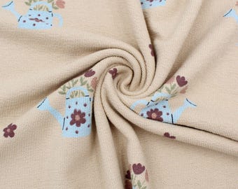 Terry Krepp Stoff Gießkanne Blumen | Baumwolljersey Creme | Kinderstoff Meterware | Stoff für Babykleidung ab 0,5 Meter