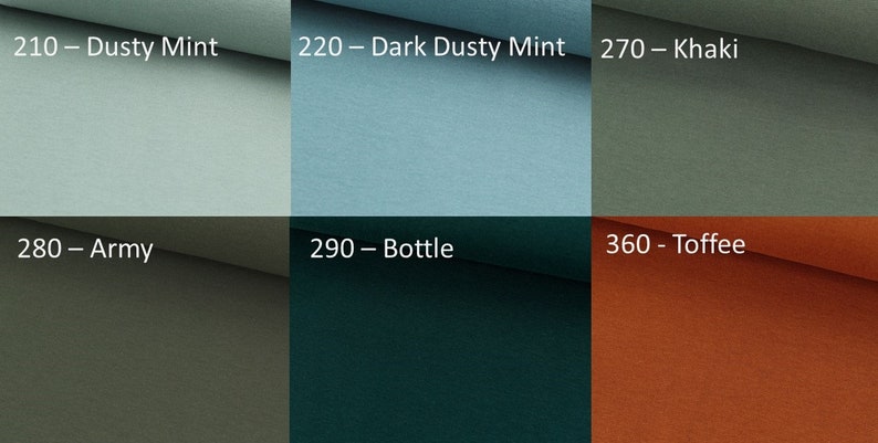Bündchen Nummer 210 - Dusty Mint, 220 - Dark Dusty Mint, 270 - Khaki, 280 - Army, 290 - Bottle, 360 - Toffee