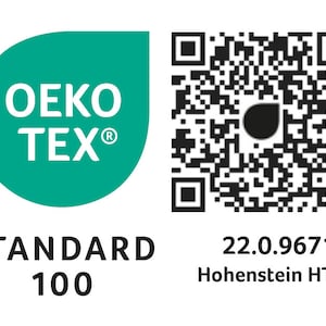 OEKO-TEX Zertifikat Nummer 22.0.96714 garantiert schadstofffreie Textilien