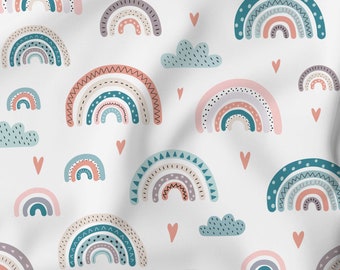 Tissu en coton tissé d'arcs-en-ciel et de nuages dans des tons pastel - à partir de 0,5 mètre