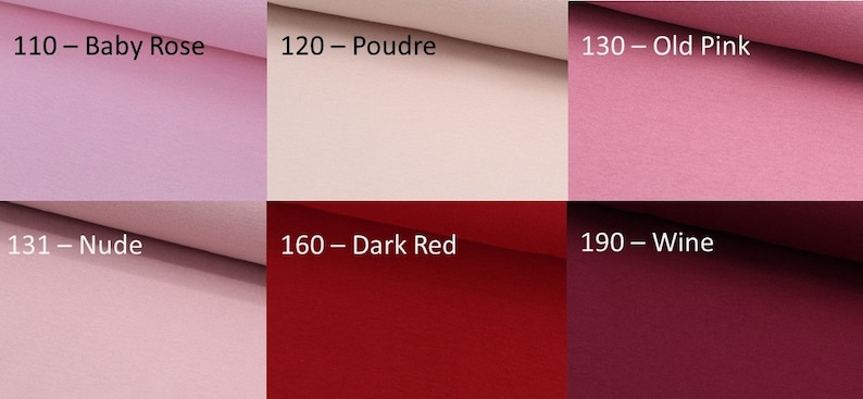 Weicher Jersey Nr. 110 - Baby Rose, nr. 120 - Poudre, nr. 130 - Old Pink, Nr. 131 - Nude, Nr. 160- Dark Red, Nr. 190 - Wine