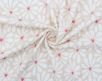Tela de punto acanalado por metro - Corazones florales retro | Punto acanalado color arena suave | Punto acanalado para ropa infantil, camisas, vestidos y proyectos de bricolaje, desde 0,5 metros