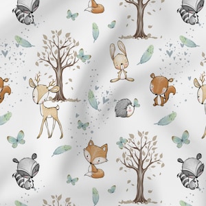 Jersey Waldfreunde Frühling Waldtiere: Reh, Fuchs, Hase, Waschbär, Igel. Oeko-Tex ab 0,5 Meter