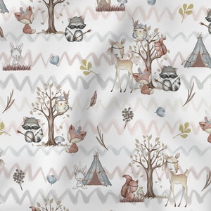 Cotton fabric forest animals forest friends boho deer fox raccoon owl squirrel from 0.5 meters