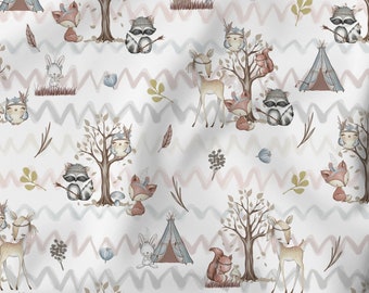 Cotton fabric forest animals forest friends boho deer fox raccoon owl squirrel from 0.5 meters