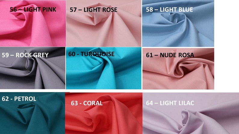 Baumwollpopeline einfarbig uni, Kombistoff Light Pink nr. 56, Light Rose nr. 57, Light Blue nr. 58,Rock Grey nr. 59, Turquoise nr. 60, Nude Rosa nr. 61, Petrol nr. 62, Coral nr. 63, Light Lilac nr. 64