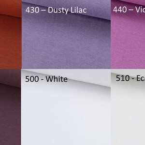 Bündchen Nummer 370 - Terra, 430 - Dusty Lilac, 440 - Violet, 450 - Mauve, 500 - Weiß, 510 - Ecru