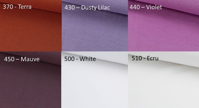 Bündchen Nummer 370 - Terra, 430 - Dusty Lilac, 440 - Violet, 450 - Mauve, 500 - Weiß, 510 - Ecru