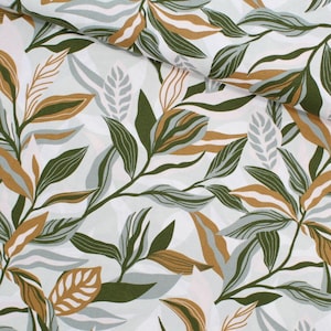 Canvas decoratiestof grote bladeren groen beige vanaf 0,5 meter