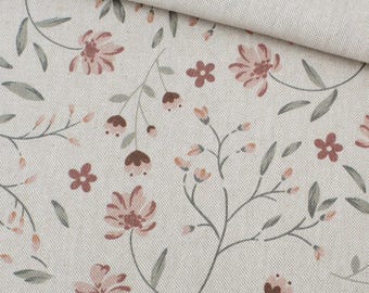Linen-look fabric, beige floral canvas, sold by the meter, floral decorative fabric, curtain fabric, cushion fabric, fabric for DIY bags