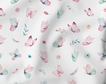 Baumwollstoff Schmetterlinge und Blumen rosa turquoise - OEKO-TEX