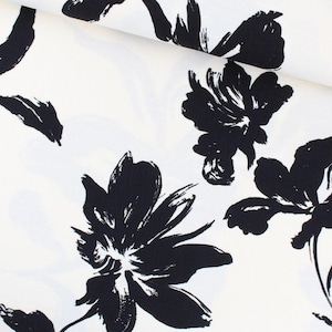 Damenstoff Viskose Nylon Schwarze Blumen | Ecru ab 0,5 Meter