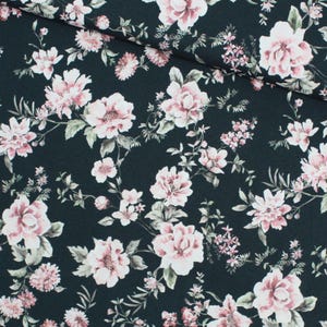 Canvas decoratieve stof roze bloemen | Zwartgrijs vanaf 0,5 meter