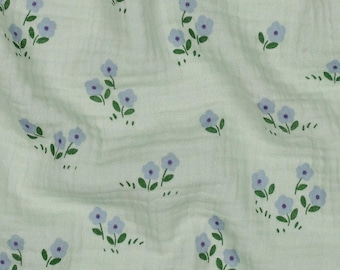 Muslin Fabric Purple Flowers on Mint Green  – 100% Cotton from 0,5 Meter