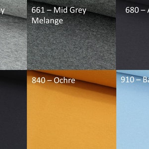May include: A color palette featuring fabric swatches in various shades. The swatches include light grey melange, mid grey melange, anthracite, black, ochre, and baby blue. Each swatch is labeled with a number and color name.