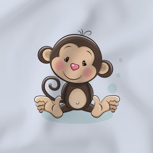 Könnte beinhalten: Eine Cartoon-Illustration eines braunen Affen mit einer rosa herzförmigen Nase und rosigen Wangen. Der Affe sitzt mit gespreizten Beinen und Armen an den Seiten. Zwei kleine Blasen befinden sich im Hintergrund.