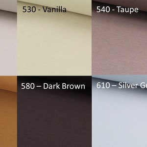 May include: A color palette featuring six fabric swatches. The colors include Sand, Vanilla, Taupe, Caramel, Dark Brown, and Silver Grey. Each swatch is labeled with a number and color name.