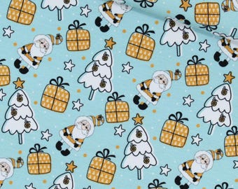 French Terry Weihnachtsmann, Sommersweat Weihnachtsstoff, Kinderstoff mit Geschenken, Baumwollstoff Meterware, OEKO-TEX ab 0,5 Meter