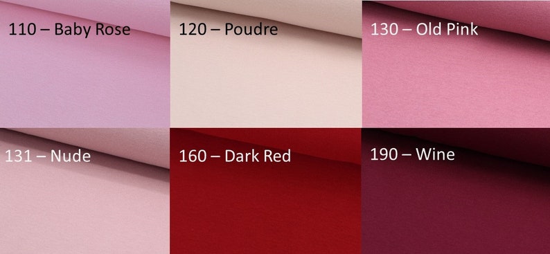 Bündchen Nummer 110 - Baby Rose, 120 - Poudre,130 - Old Pink, 131 - Nude, 160 - Dark Red, 190 - Wine