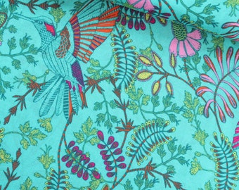 Viscose Voile: Hummingbird and Flowers Green Fuchsia from 0.5 meters