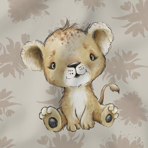 Könnte beinhalten: Eine niedliche Cartoon-Illustration eines braunen und beigefarbenen Löwenjungen mit einer hellbraunen Mähne, das auf einem hellbraunen Hintergrund mit braunen Blumenmustern sitzt.