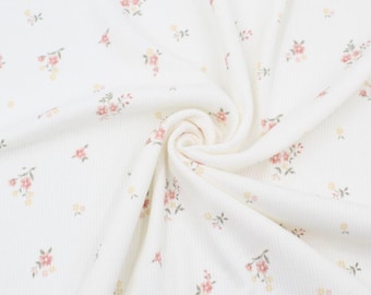 Ribbed jersey fabric with floral print in ecru – elastic cotton jersey, jersey fabric by the meter for baby, children's & women's clothing