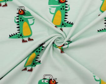 Jersey Stoff Krokodile Mint | OEKO-TEX Kinderstoff Meterware | Baby Jersey elastisch | Tier Stoff Kopfhörer ab 0,5 Meter