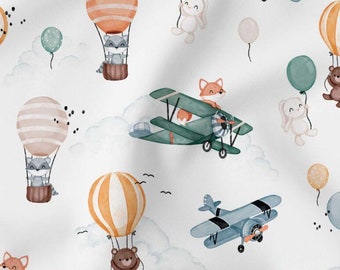 Baumwollstoff Kinderstoff Webware fliegende Tierfreunde Fuchs Waschär Bär Hase Luftballons Heißluftballons OEKO-TEX ab 0,5 Meter