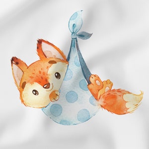 May include: A watercolor illustration of a cute orange fox with a white belly and big brown eyes, nestled in a blue and white polka dot sling. The fox is looking at the viewer with a happy expression.