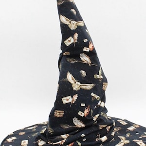 Puede incluir: Sombrero de bruja negro con ala ancha y corona puntiaguda. El sombrero presenta un patr&oacute;n repetido de b&uacute;hos, sobres, pergaminos y plumas. El dise&ntilde;o tiene un tema de fantas&iacute;a caprichoso.