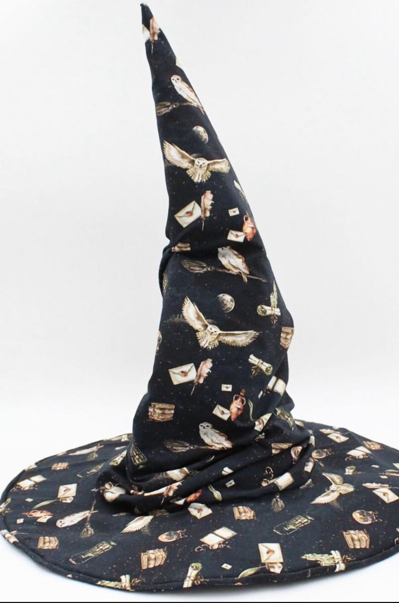Puede incluir: Sombrero de bruja negro con ala ancha y corona puntiaguda. El sombrero presenta un patr&oacute;n repetido de b&uacute;hos, sobres, pergaminos y plumas. El dise&ntilde;o tiene un tema de fantas&iacute;a caprichoso.