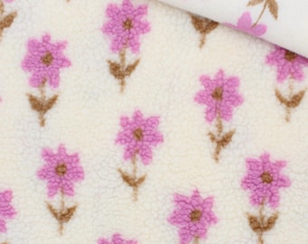 Teddy Stoff mit Blumen Teddyplüsch Meterware, Teddyfleece Stoff, Sherpa Stoff, Kuschelstoff, Kinderstoff, Blumenmuster ab 0,5 Meter