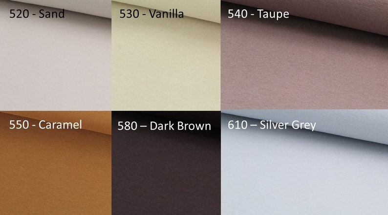 Bündchen Nummer 520 - Sand, 530 - Vanilla, 540 - Taupe, 550 - Caramel, 580 - Dark Brown, 610 - Silver Grey