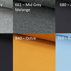 Bündchen Nummer 651 - Light Grey Melange, 661 - Mid Grey Melange, 680 - Anthracite, 690 - Black, 840 Ochre, 910 Baby Blue