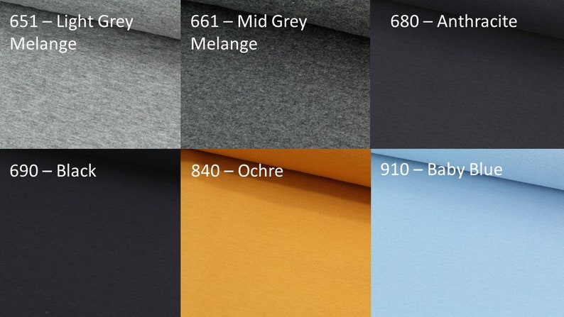 Bündchen Nummer 651 - Light Grey Melange, 661 - Mid Grey Melange, 680 - Anthracite, 690 - Black, 840 Ochre, 910 Baby Blue