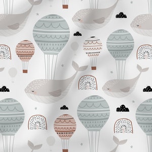 Cotton fabric flying whale hot air balloon dove blue on a white background - from 0.5 meters