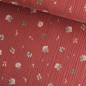 Remnant 82 cm muslin fabric with pink flowers on wine red Oeko-tex