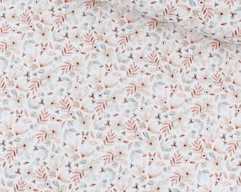 May include: Close-up of a white fabric with a repeating floral pattern. The design features delicate flowers and leaves in shades of brown, beige, and gray. The fabric has a soft, textured appearance, suitable for various craft projects.