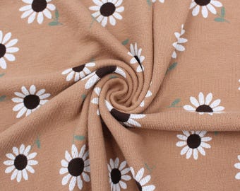 Terry Krepp Stoff Gänseblümchen Camel | Blumen Jersey Meterware | Kinderstoff | Baby Stoff Baumwolle ab 0,5 Meter