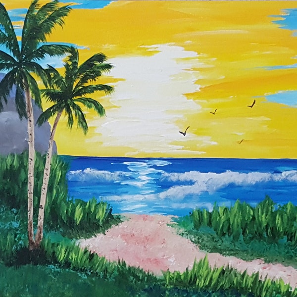 ocean sunrise path to sea, palm trees