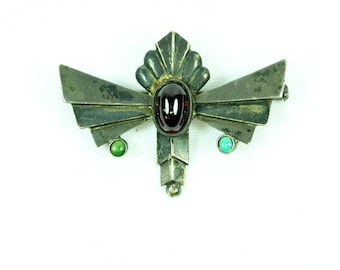 Antique Jugendstil Garnet & Turquoise Silver Brooch