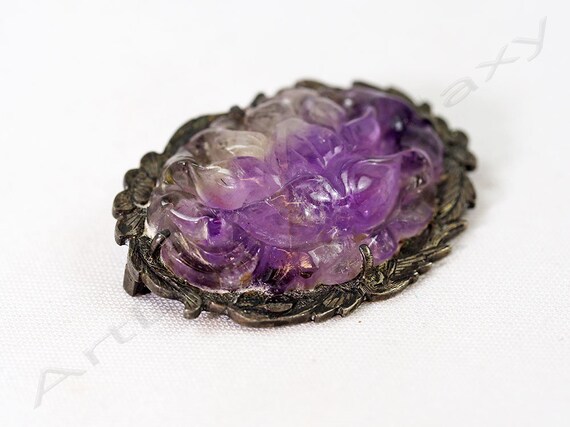 Antique Chinese Silver & Carved Amethyst Brooch - image 2
