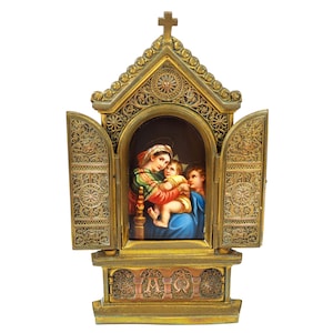 Ancien Autel Religieux En Porcelaine Peinte à La Main En Bronze Doré - Circa 1900