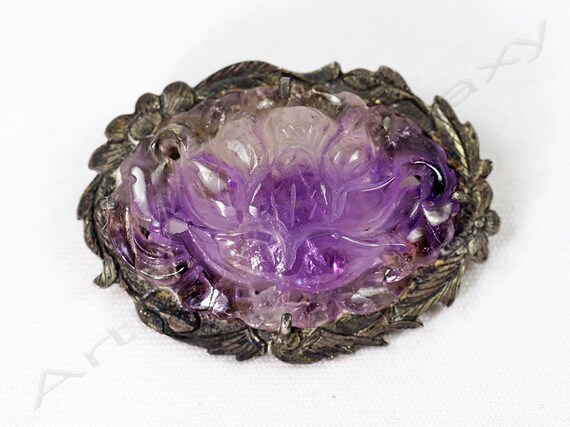 Antique Chinese Silver & Carved Amethyst Brooch - image 5