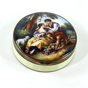 Caixa em miniatura pintada à mão em esmalte guilhochê de prata suíça antiga-ca. 1900